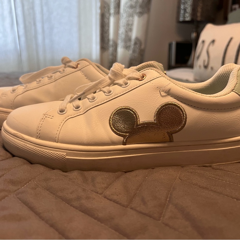 Disney White Sneakers with Gold Mickey Patch